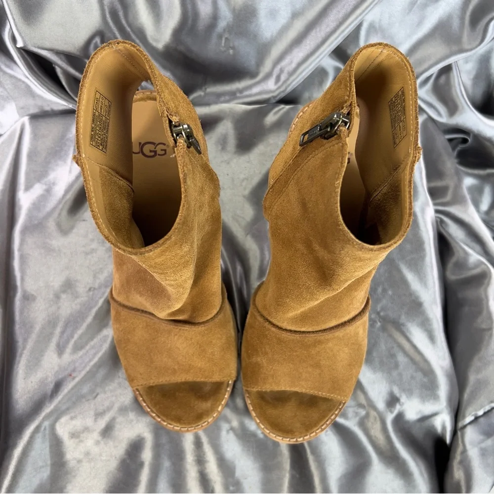 UGG Valencia Peep Toe Ankle Bootie in Light Brown Suede Size 8.5 US/EU 39 GUC‎